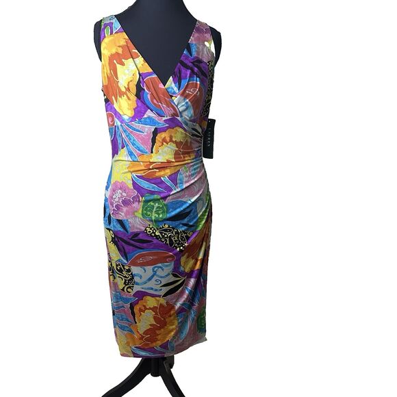 Lauren Ralph‎ Lauren Womens Dress 8 Tropical Floral Ruched Draped Stretch Waist - Picture 1 of 15